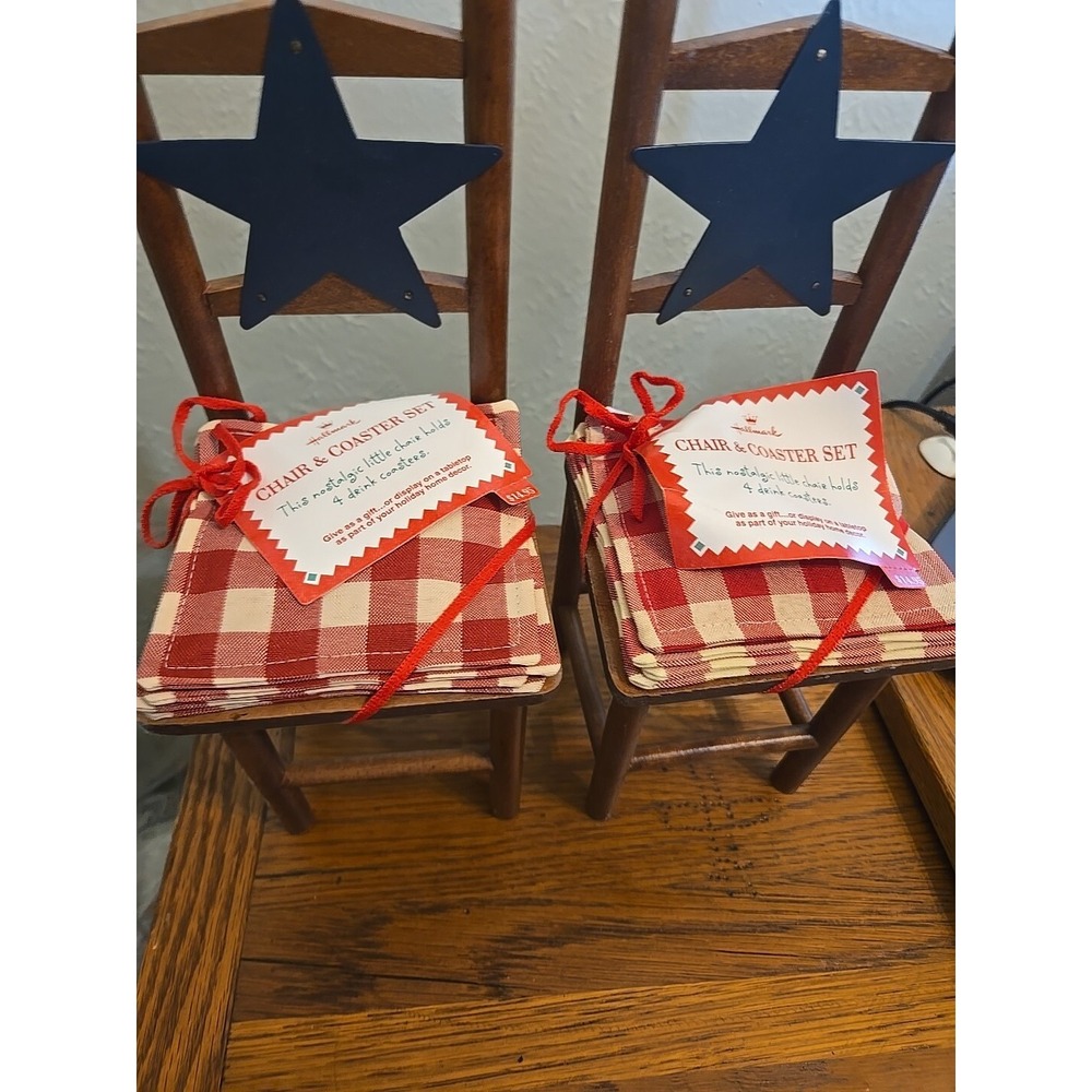 Set of 2 - Hallmark Chair & 4 Coaster Set Americana Blue Star Gingham Wooden - Picture 2 of 3